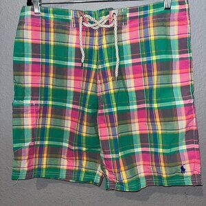 POLO RALPH LAUREN Preppy Pink & Green Plaid Hybrid Swim Board Shorts EUC Size 34